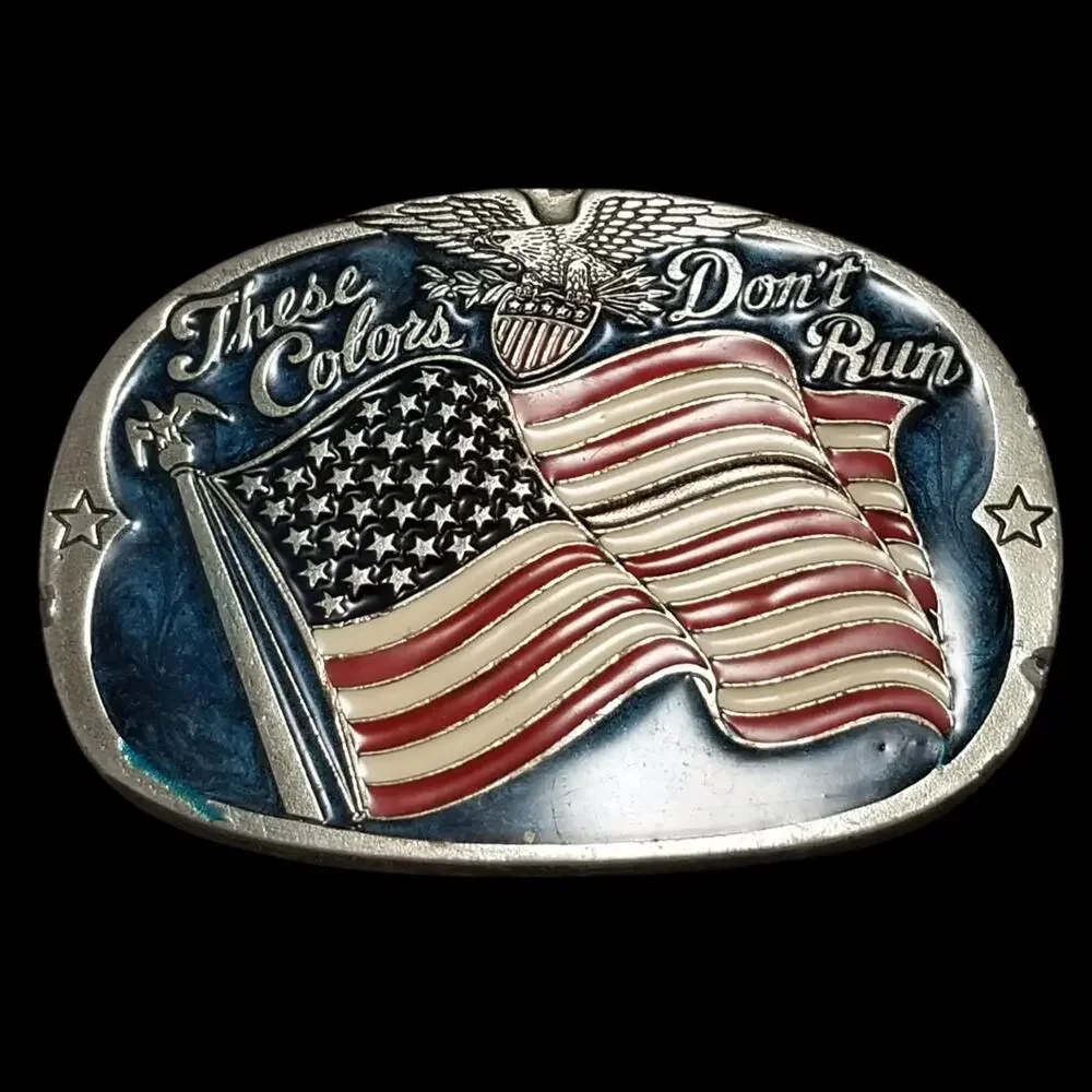 Vintage Belt Buckle 1985 These Colors Don't Run American Flag Patriotic USA Made